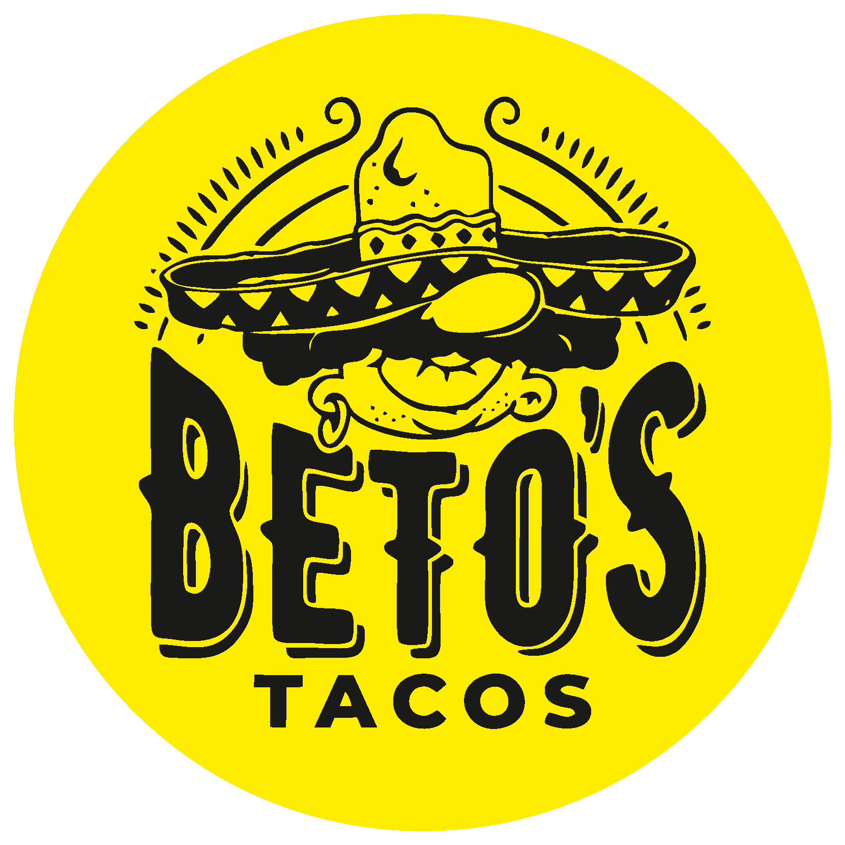 The image is a circular logo with a bright yellow background. At the top center, a stylized cartoon face is shown, characterized by a large black mustache, curled ends, a small smiling mouth, and a thick sombrero with decorative patterns and a wide brim. The sombrero partially covers the character's eyes, and a crescent moon symbol is present on the crown of the hat. Beneath the character, the word 